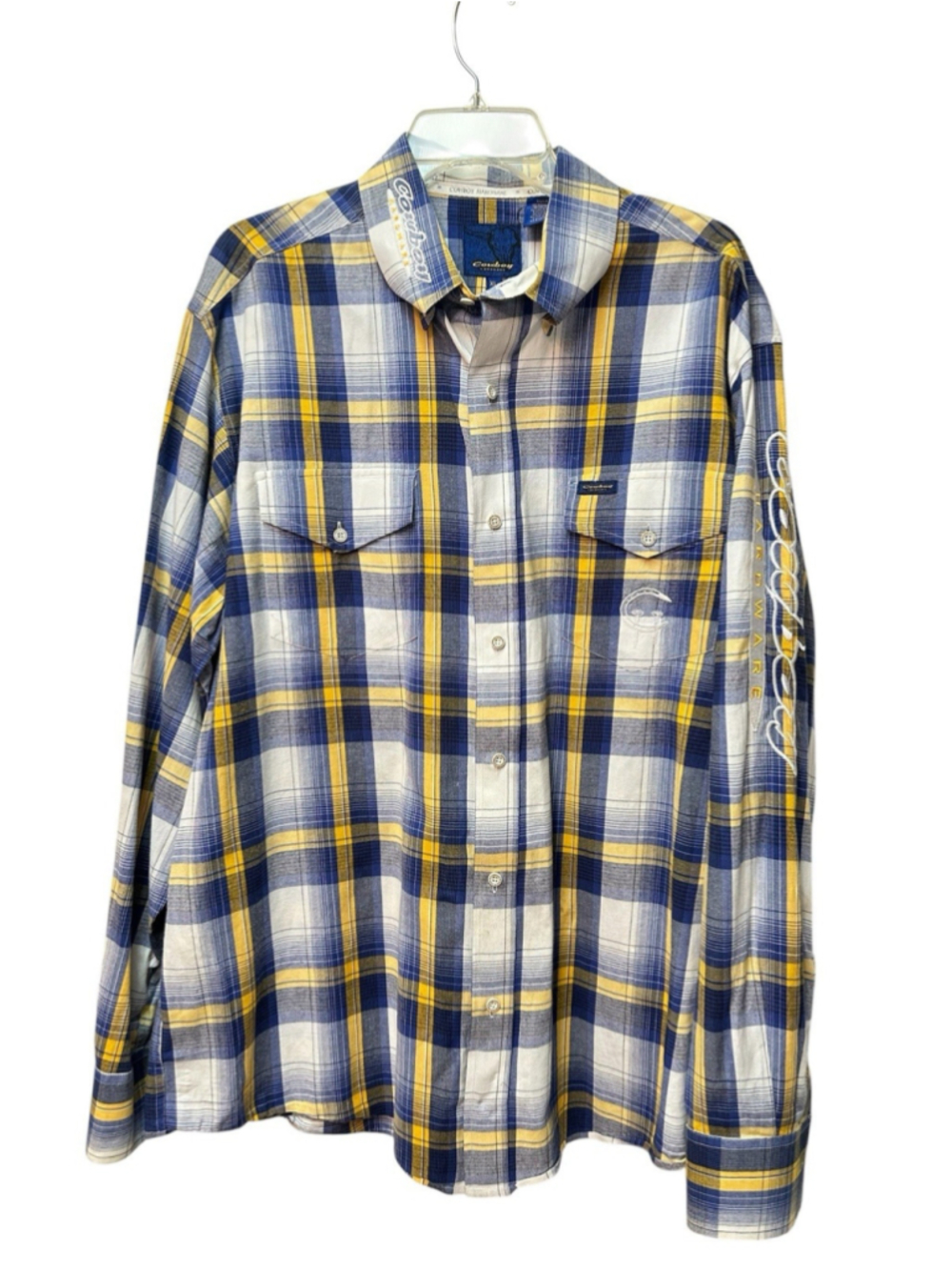 Cowboy Hardware Plaid Button Shirt Men's XL Blue & White Western 100% Cotton